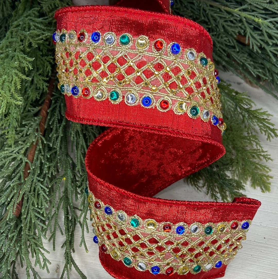 Multi Color Jewels With Red Backing Ribbon 2.5”x 10yds