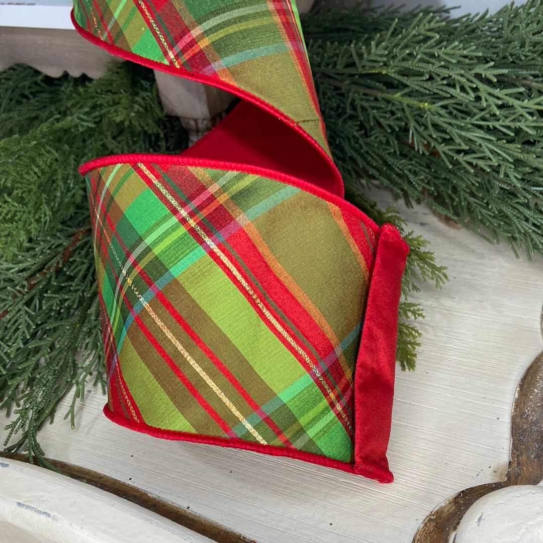 Lime and Red Plaid Ribbon 4”x 5yds