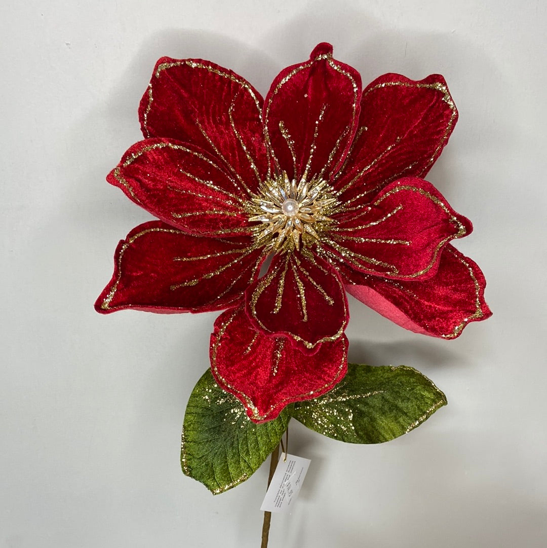 10” Red Velvet Jeweled Magnolia Flower with 18” Stem