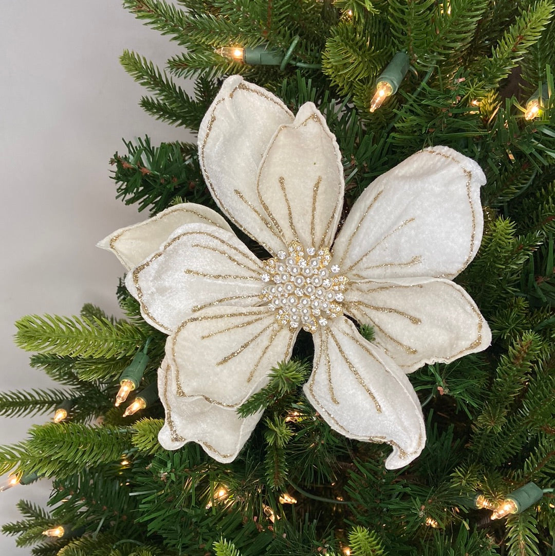 10” White Velvet Jeweled Magnolia with 18” Stem