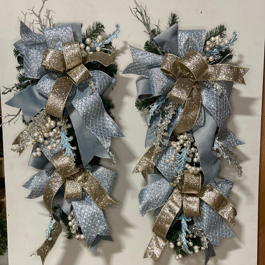 36” Pair Of Blue and Platinum Christmas Swags