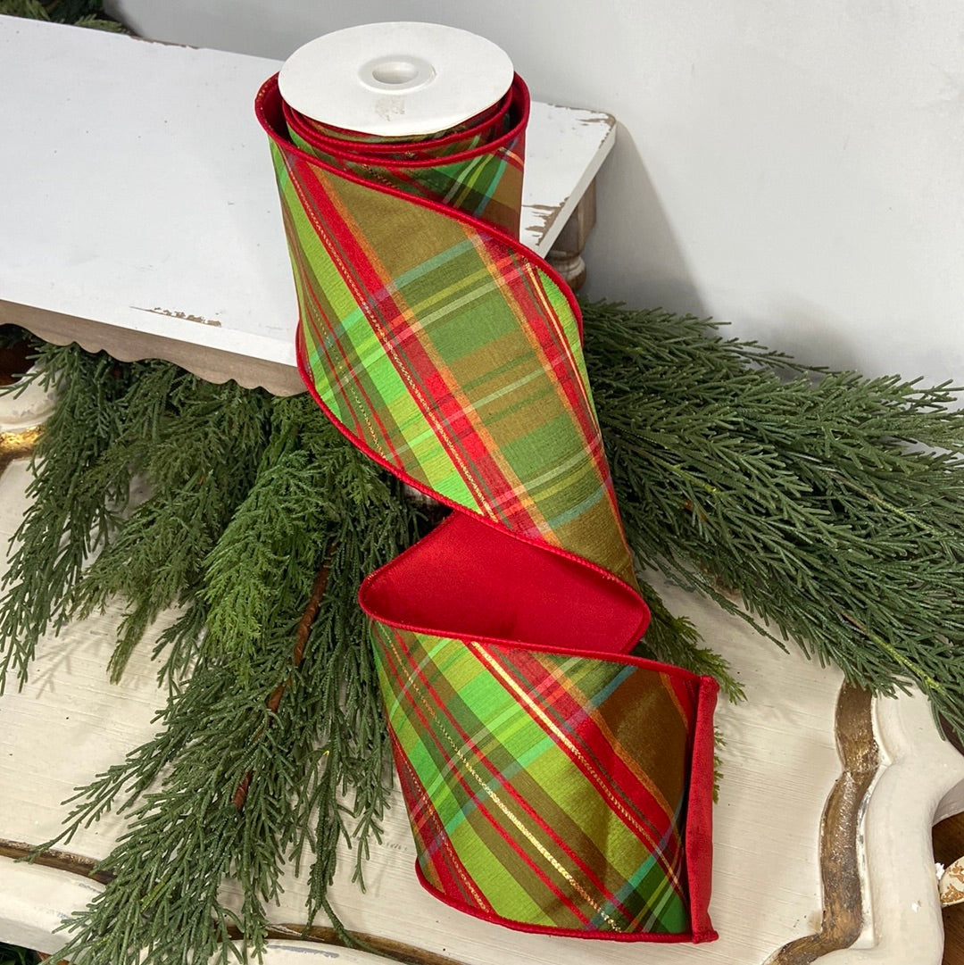 Lime and Red Plaid Ribbon 4”x 5yds
