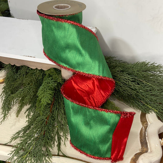 Red and Green Tinsel Edge Ribbon 4”x5yds
