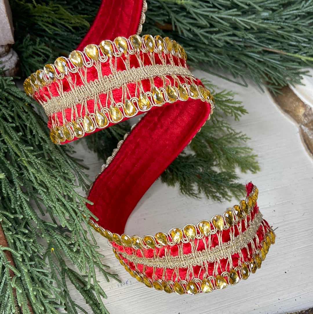Red Velvet With Gold Jeweled Ribbon 1.5” x10yds
