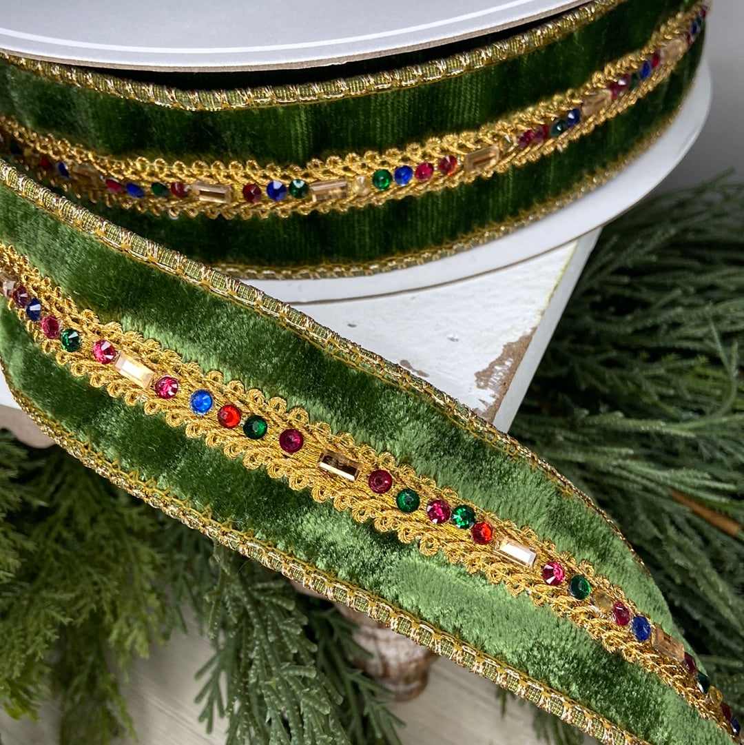 1.5” x 10yds Moss Green Velvet Ribbon With Multi Color Jewels