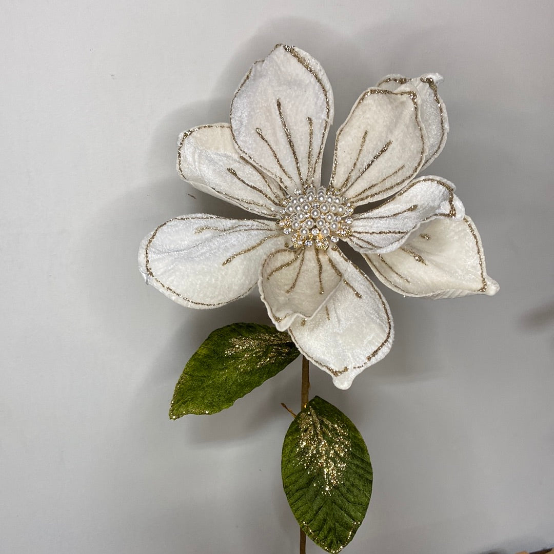 10” White Velvet Jeweled Magnolia with 18” Stem