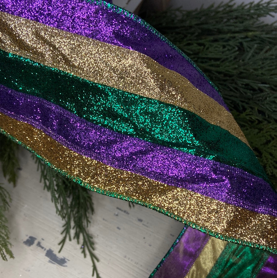 4” x10yds Mardi Gras Glittered Ribbon